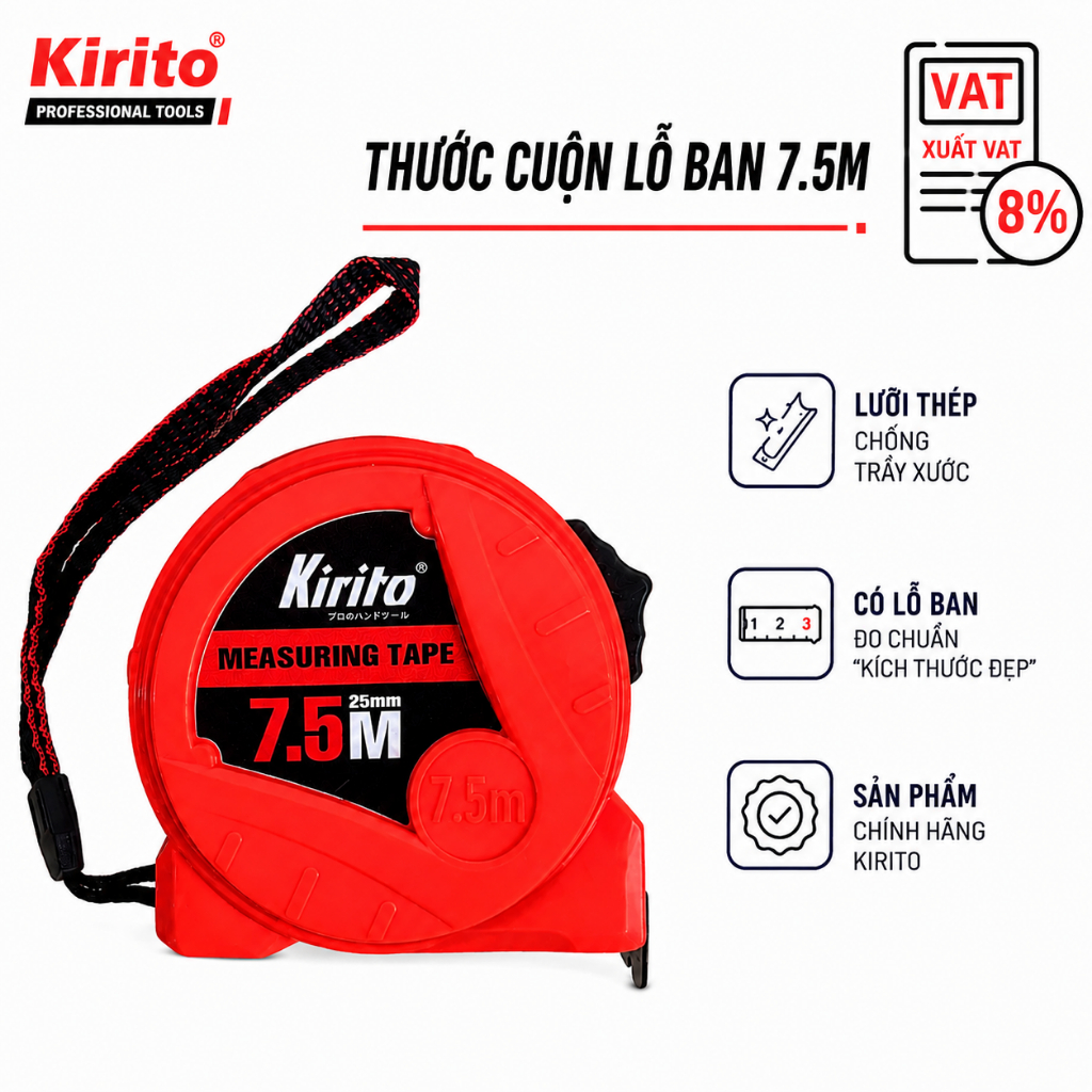 ของแท้ Kirito 7.5M เทปวัดสองด้าน, 25 มม.ป้องกันสนิมลวดเหล็กเมตรพร้อมรู - KR7525 KIRITO