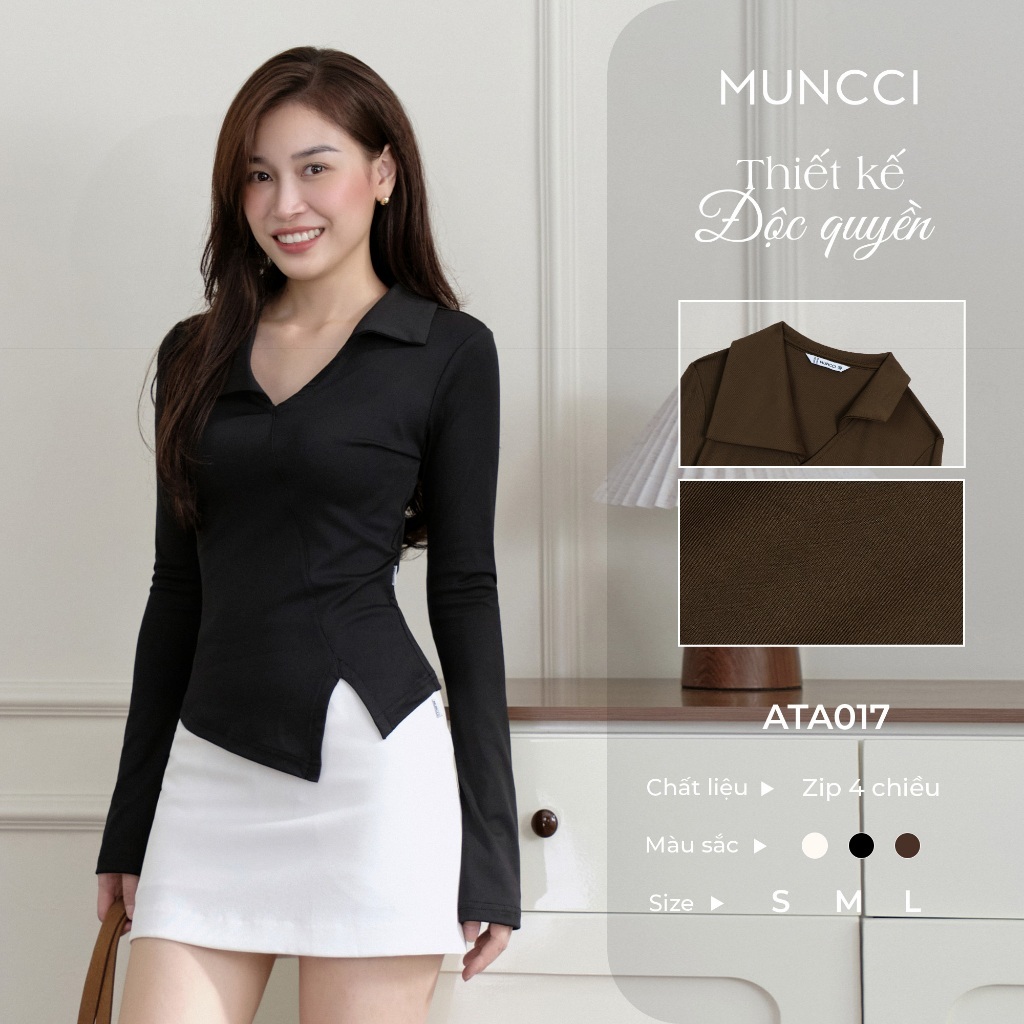 MUNCCI ATA017 เสื้อยืดแขนยาวผู้หญิงคอปกมีสไตล์ ซิป 4 ทิศทาง นุ่ม ยืด กระชับสัดส่วน แฟลตง่าย
