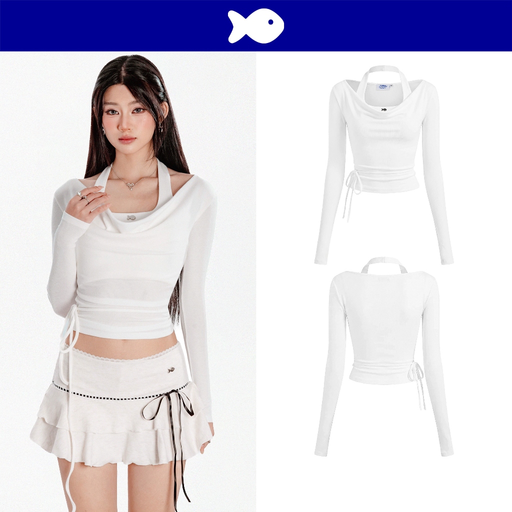Set เสื้อคอเต่าแขนยาวพร้อมครอป ท็อปใน DKMV ดีไซน์เรียบพร้อมเอวผูกโบว์สีขาว Enid Top | K-T61-T