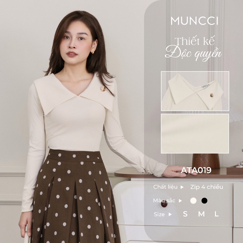 MUNCCI ATA019 เสื้อยืดแขนยาวผู้หญิงคอปกมีสไตล์พร้อมเครื่องราง ซิป 4 ทิศทาง นุ่ม ยืด กระชับสัดส่วน ง่