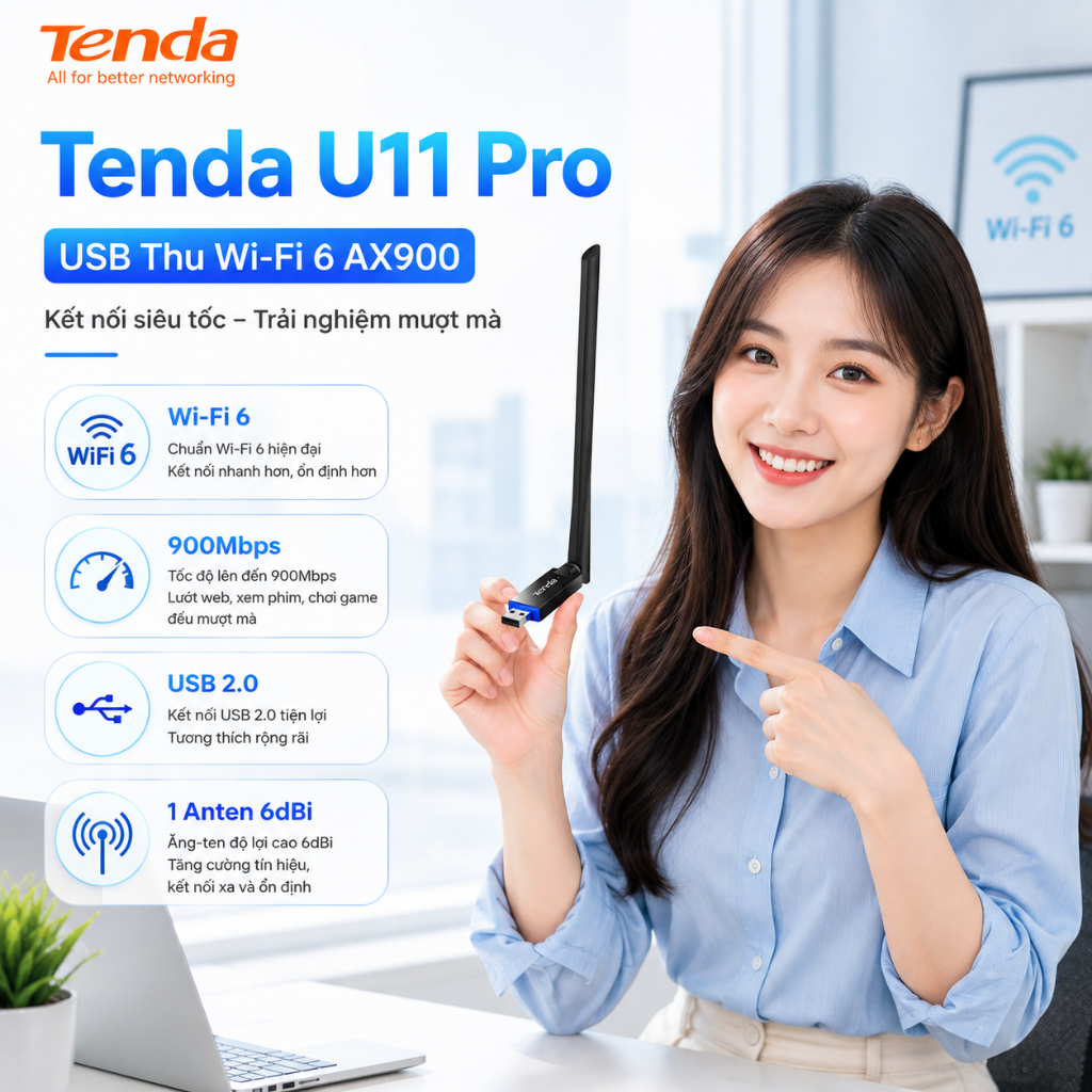 USB WiFi 6 Tenda U11 Pro AX900 900Mbps, AX300 Dual Band 2.4G/5G, 6dBi เสาอากาศสําหรับแล็ปท็อปพีซี