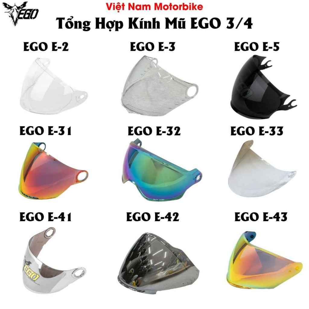 Ego 3/4 แว่นเปลี่ยนหมวกกันน็อค E3, E31, E32, E33, E42, E43 - แว่นหมวกกันน็อค Ego หลากสี (ไม่รวมศีรษะ