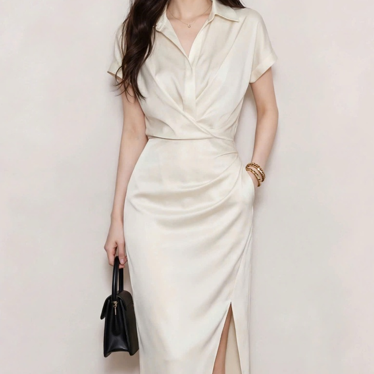[QCCC ITEMS] S1185 ชุดเดรสผ้าไหมหรูหรา Sanci พร้อมคอปกเชิ้ตผ่าและเอว
