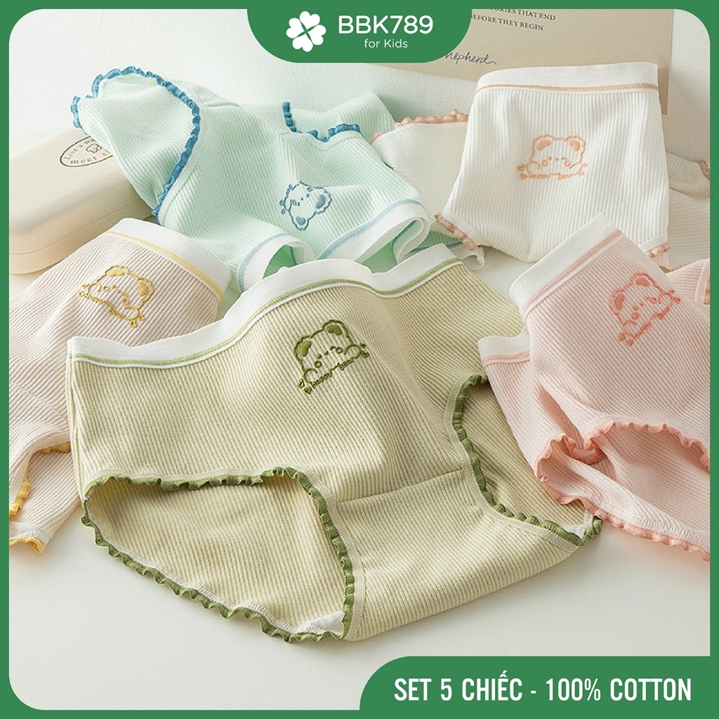(BBK789) CD01 ชุดกางเกงเด็กผู้หญิง Happy Bear 5 ชิ้น, กางเกงผ้าฝ้ายเด็กผู้หญิง 32-60 กก., ต้านเชื้อแ