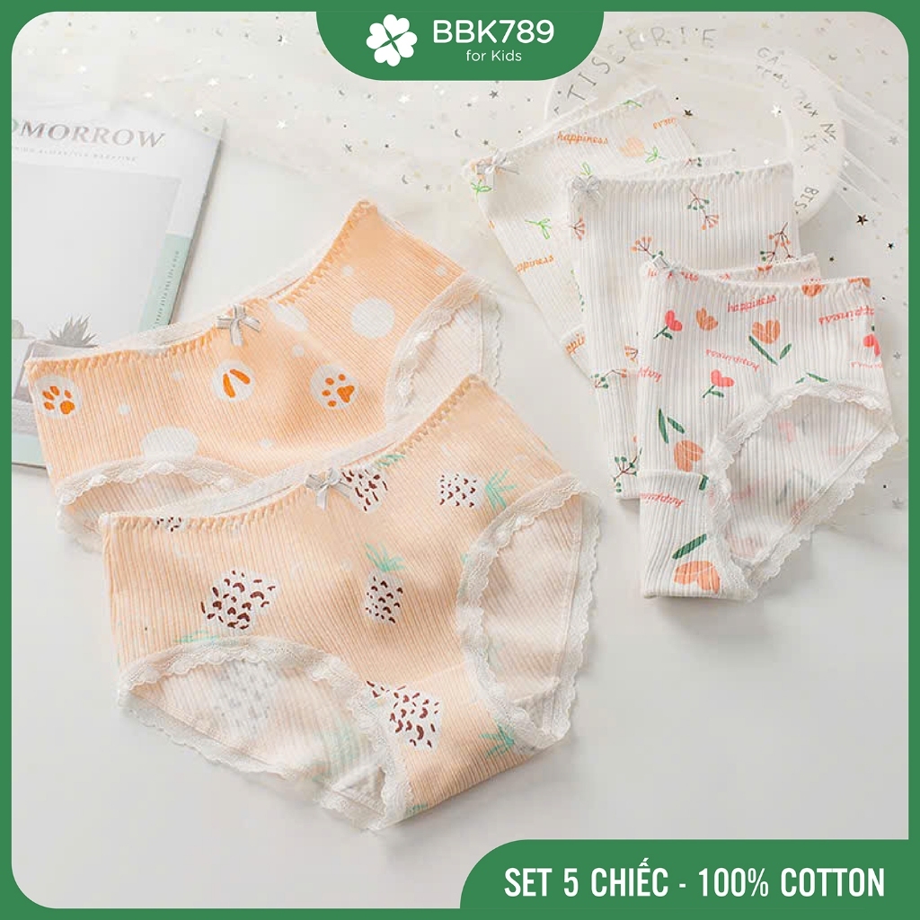 (BBK789) CD06 ชุดถุงน่องเด็กผู้หญิง 5 ชิ้นลายดอกไม้สีเหลืองและสีส้มชุดชั้นในเด็กผู้หญิง 32-60 กก. ผ้