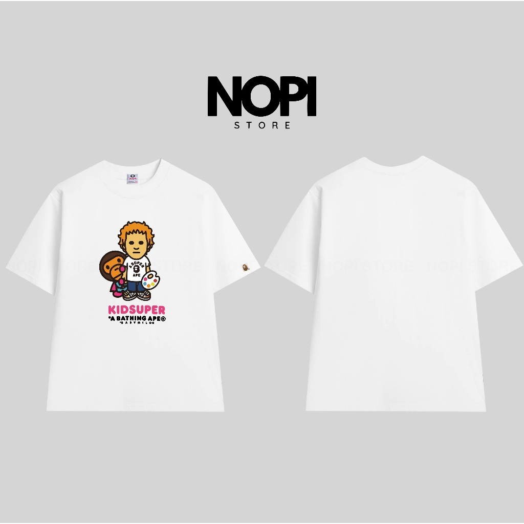 BAPE MILO x KIDSUPER เสื้อยืดทรงหลวมสําหรับผู้ชายและผู้หญิงผ้าผ้าฝ้ายคุณภาพสูง UNISEX 280GSM THICK -