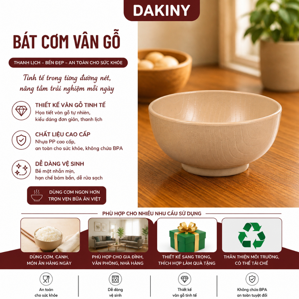 COMBO 5-10 ชามข้าวลายไม้ 6856 2 สี ชามพลาสติก VIET JAPAN