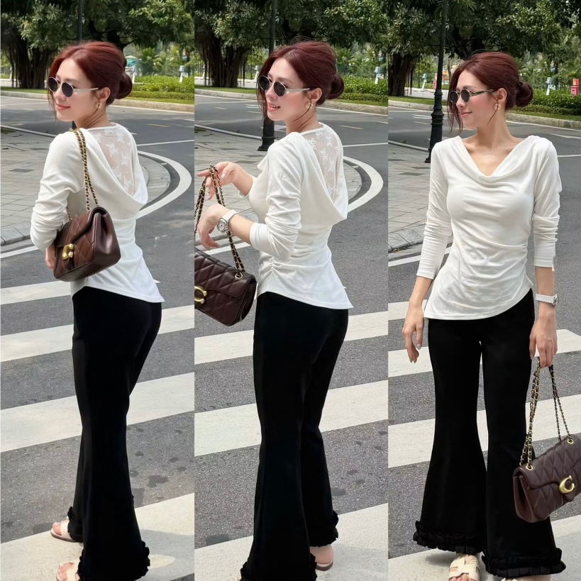 [มีจําหน่าย] กางเกงขาบาน 30s.corning/umi ชายระบาย ยาว 85cm (ทรงเล็ก)