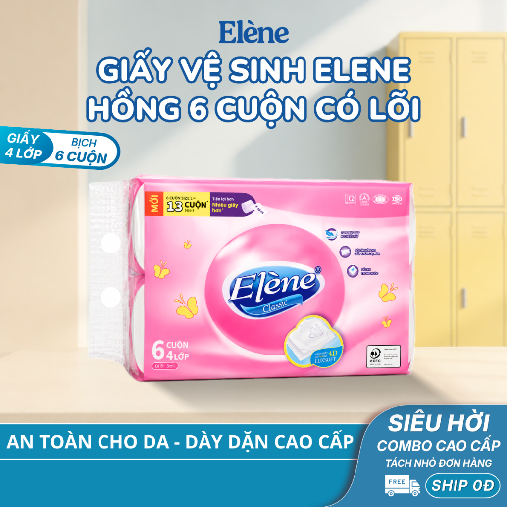 COMBO 2/4/8 LOTS ของ Elene Pink Loc กระดาษชําระ 6 ม้วน 4 ชั้น พร้อมแกนคุณภาพสูง นุ่ม ปลอดภัย ละลายน้