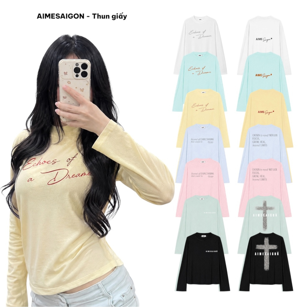 Aimesaigon Boxy AIMÉ ฤดูร้อนแขนยาวกระดาษบางเสื้อยืดหลวมแบบรอบคอ Soft Cool Unisex ผู้ชายผู้หญิง Basic