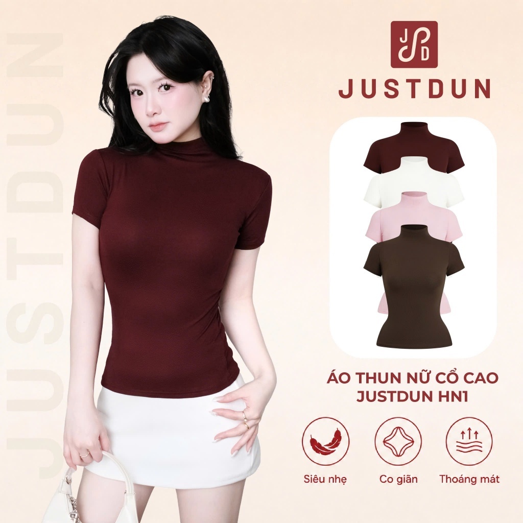 JUSTDUN HN1 เสื้อยืดผู้หญิงเข้ารูปคอปกสูงแขนสั้นผ้าฝ้ายยืด 4 ทิศทางเรียบนุ่มและระบายอากาศได้