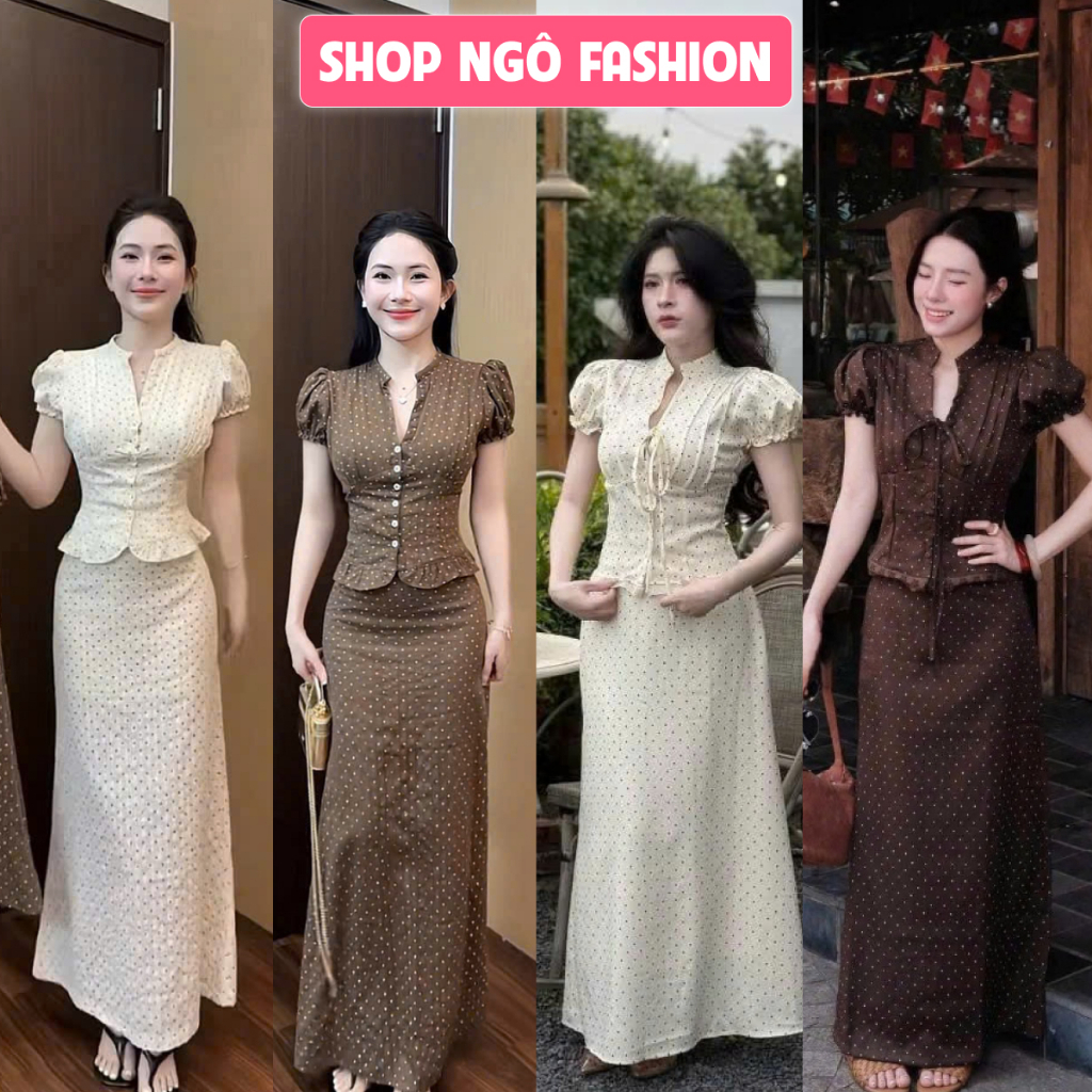 ชุดกระโปรงยาว-ชุดผู้หญิง เสื้อครอปโบว์พองคอวีแขนสั้น + กระโปรงบานยาว 2 สีพื้นฐาน หิมะและฝนลายจุด ร้านค้า