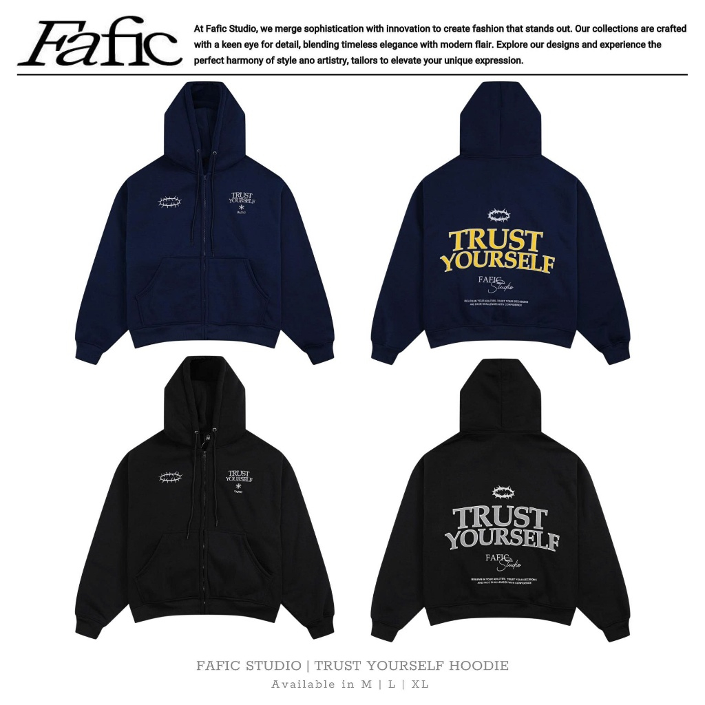 TRUST YOURSELF Zip Boxy Jacket, ผ้าฟลีซผ้าฝ้ายหลวม, FAFIC STUDIO จากเสื้อฮู้ดมีซิป unisex หลวม