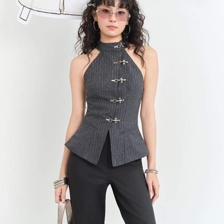 SECODEE เสื้อผู้หญิง Camisole Collar Buckle Striped Pattern KORI Bodycon Off Shoulder Blouse FSBA2606114