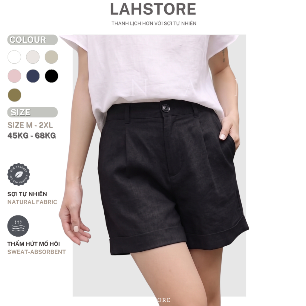 LAHSTORE กางเกงขาสั้นขากว้างผ้าลินินดิบคุณภาพสูงสําหรับผู้หญิงเอวสูงและเอวยางยืด QS01 (สีดํา, สีขาว, สีเบจ, สีฟ้า)