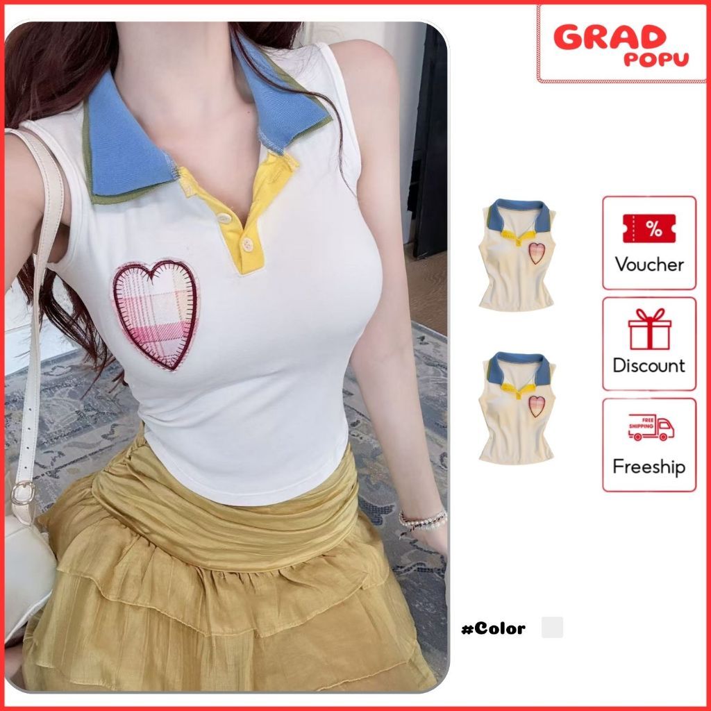 GRADPOPU เสื้อกล้ามผู้หญิงคอโปโล ผสมสี เอวบาง ลายหัวใจลายตารางหมากรุก สไตล์ Y2K PB04