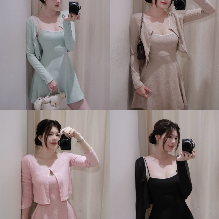 Motphimshop ชุดทูพีซลูกไม้พื้นฐานพร้อมคาร์ดิแกน - NABI DRESS - PM2608