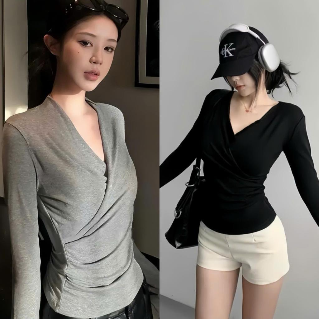 เสื้อยืดแขนยาวผู้หญิงคอ Cross V - MS565 - ยางยืดหนา - Bigsize 45-85kg