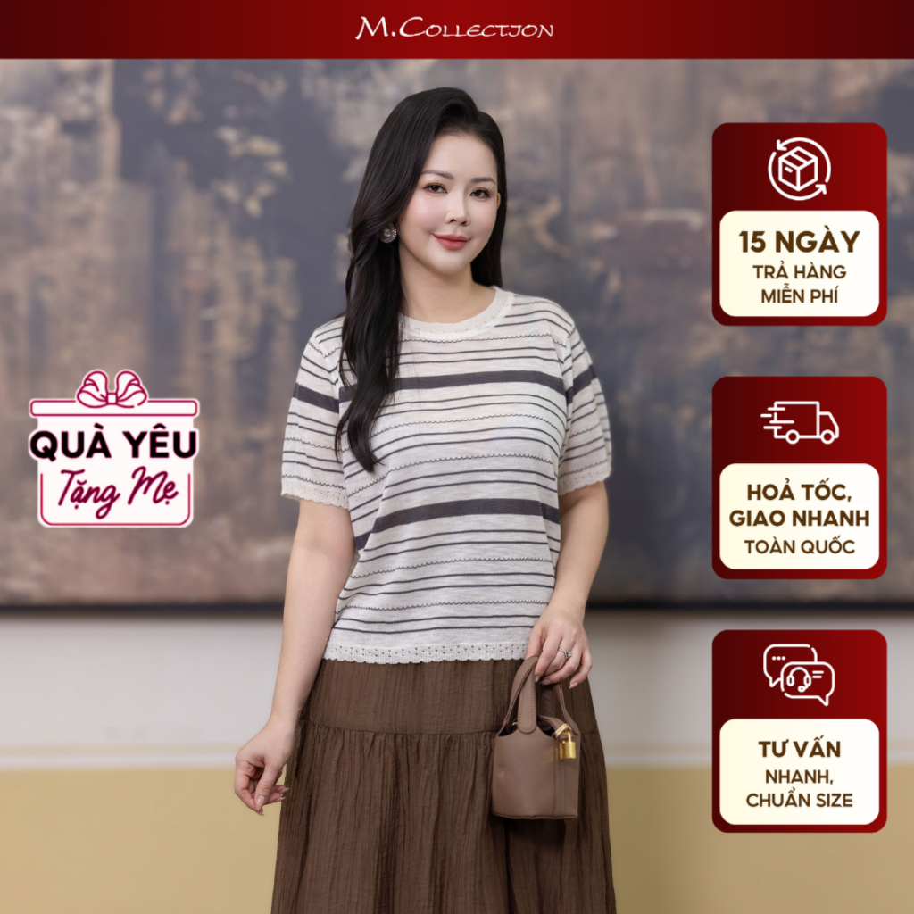 เอ็มคอลเลกชั่น | ของขวัญเสื้อสตรีวัยกลางคนสําหรับคุณแม่คอกลมแขนสั้นลายทางแนวนอนทําจากขนสัตว์ยืด ก142