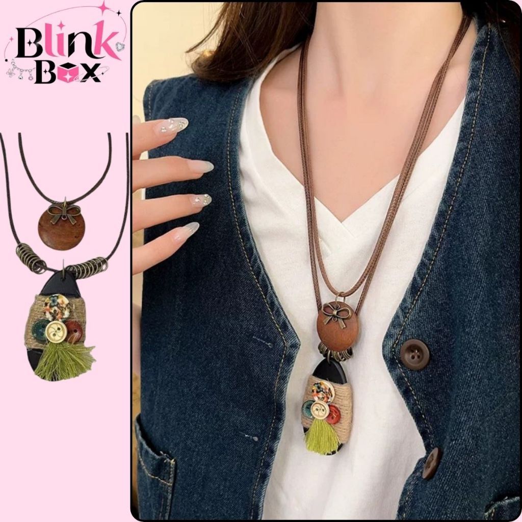 Bohemian Vintage Hot Wooden Tassel Brocade Necklace_ Blink Box Long Necklace DC72