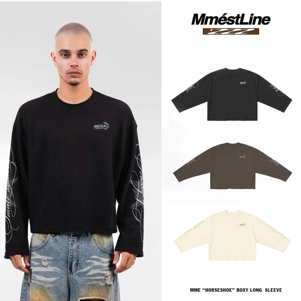 Longs Sleeve MA เสื้อกล้าม เสื้อ "HORSESHOE" Form Boxy เสื้อยืดแขนยาว Waffle Cotton