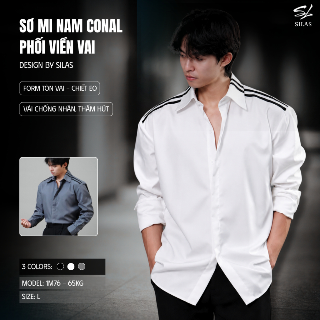 (ทรงไหล่) SILAS CONAL S01 เสื้อเชิ้ตชายไหล่ธรรมดา - คอปกไขว้ผ้าฝ้ายผู้ชายพร้อมปุ่มหลวม - ASL48