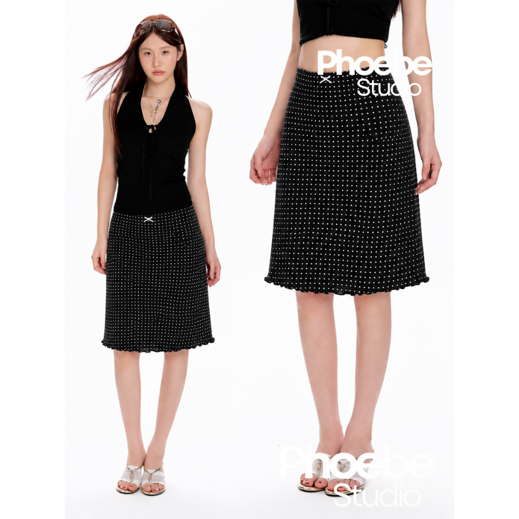 กระโปรงยางยืดลายจุดมีโบว์ลูกไม้ - Phoebe Studio [VAY36]