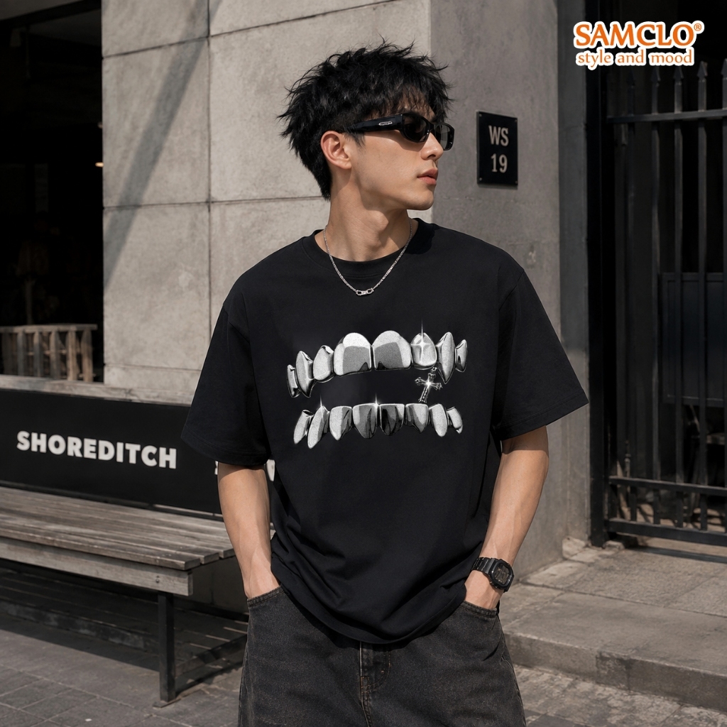 SAM CLO เสื้อยืดผ้าฝ้ายแขนสั้นผู้ชาย 250gsm ยืดอ่อน VAMPIRE TEETH