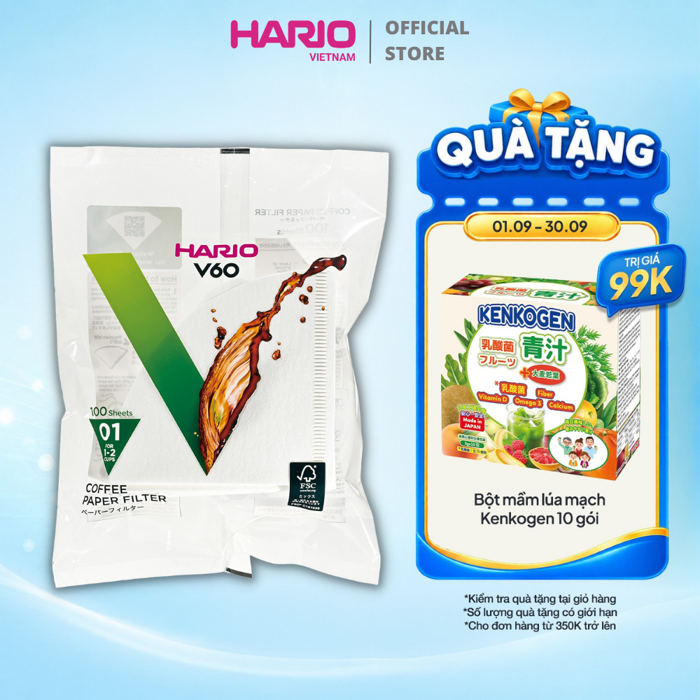 Hario V60 กระดาษกรองกาแฟ V60 กระดาษกรองกาแฟ 100 แผ่น ขนาด 01 VCF-01-100W (สีขาว)