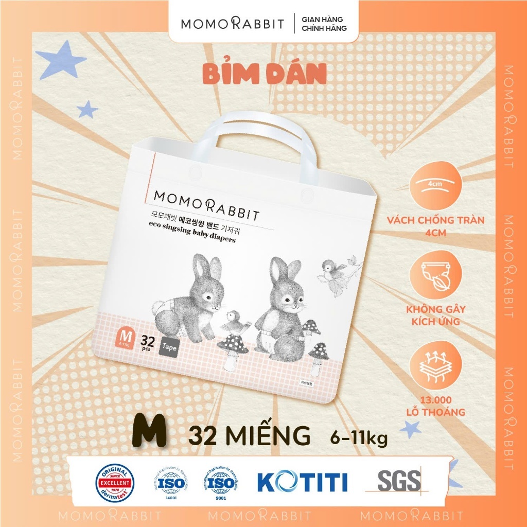 ผ้าอ้อม Momo Rabbit - ไซส์ M - 32 ชิ้น - 6-11กก