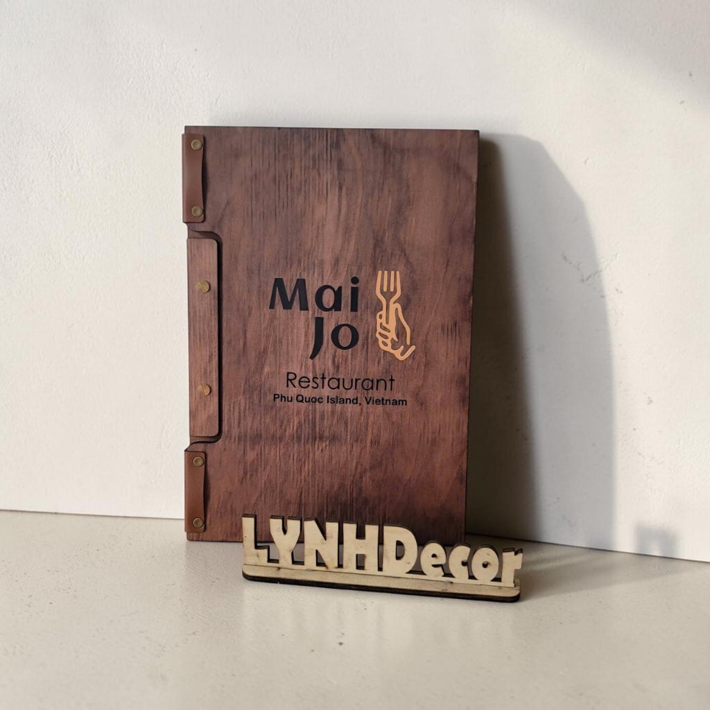 A4 WOODEN MENU COVER PLYWOOD COATED WITH VENER WITH LEATHER ATTACHMENT - พิมพ์โลโก้ฟรี | แลมดีซีร์