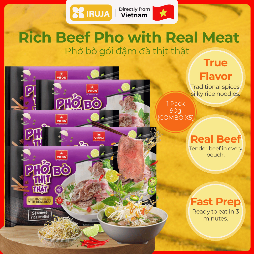 [IRUJA VIETNAM] VIFON REAL BEEF PHO 90G (COMBO X5)