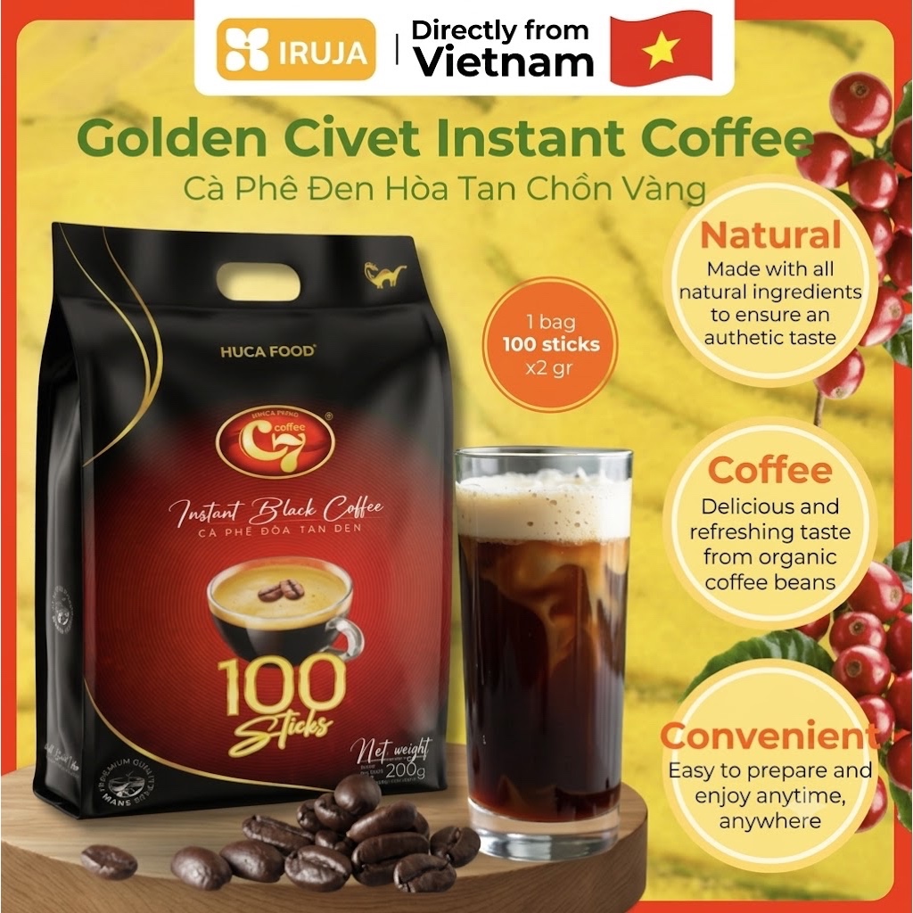 [IRUJA VIETNAM] INSTANT COFFEE PURE BLACK GOLDEN WEASEL C7 100 SACHETS X 2G (200G)