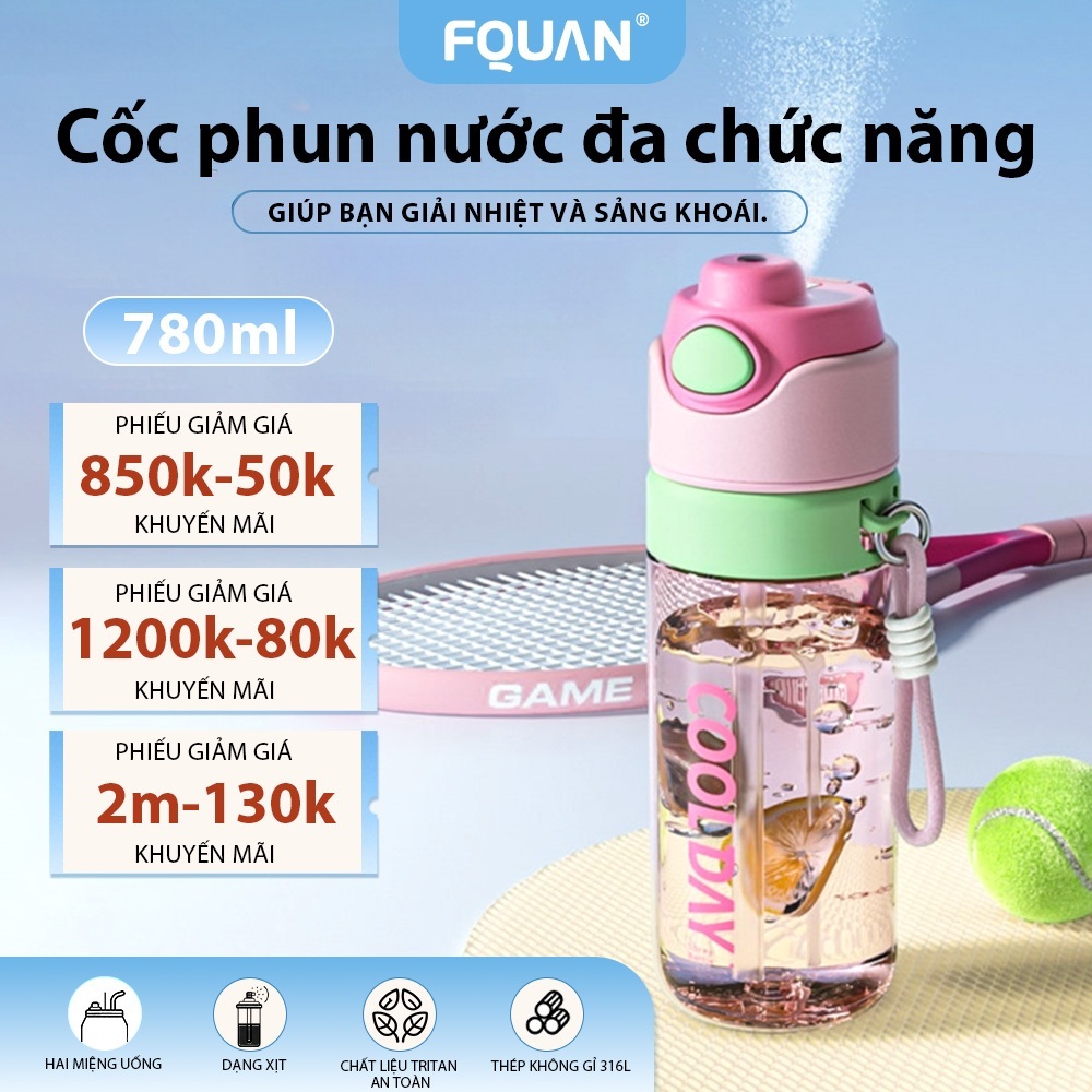 FQuan 780ml ขวดน้ํา Tritan พร้อมสเปรย์หมอก, หลอดซิลิโคนเกรดอาหาร, ดื่ม 2 วิธี, ระบายความร้อนอย่างรวด