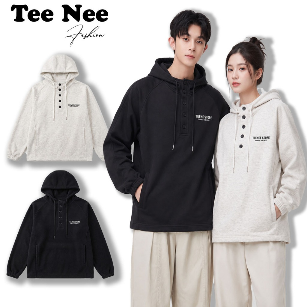 TeeNee เสื้อฮู้ดสําหรับบุรุษและสตรีทรงหลวมสไตล์เกาหลี 2 ผิวขนแกะ, เสื้อกันหนาวมีฮู้ดมีเชือก Body - A