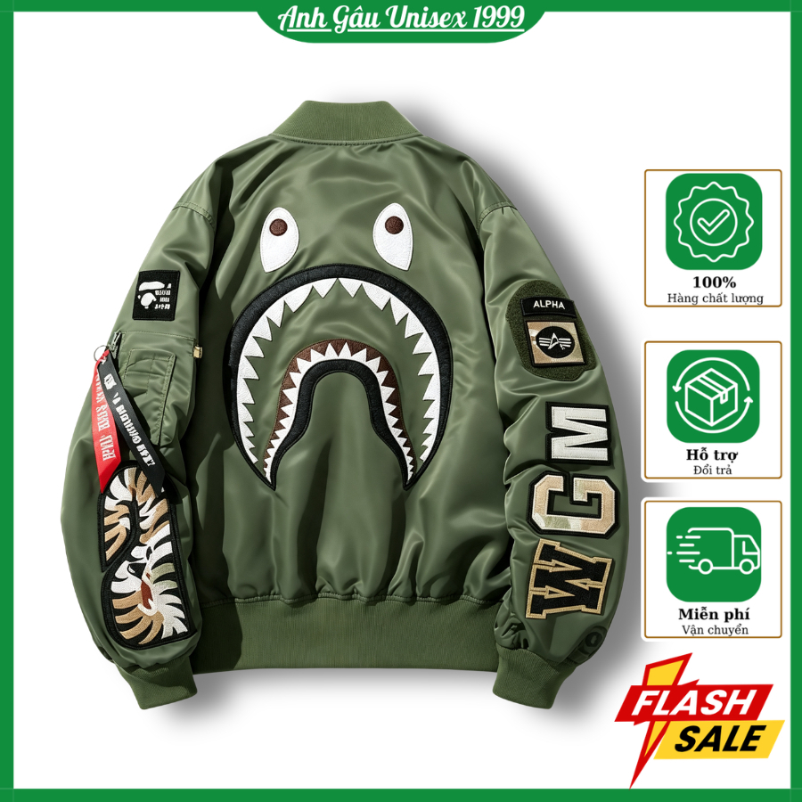 WGM Bape Mens Moss Green Bomber Jacket, Khaki Wind Zip, QC Goods