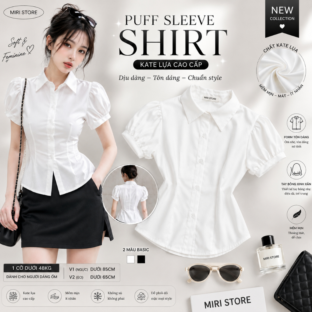 MIRI Combo 2 Womens Kate Silk Puff Sleeve Shirts Slim เอว Flattering Turn-down Collar Ulzzang Y2K Fl