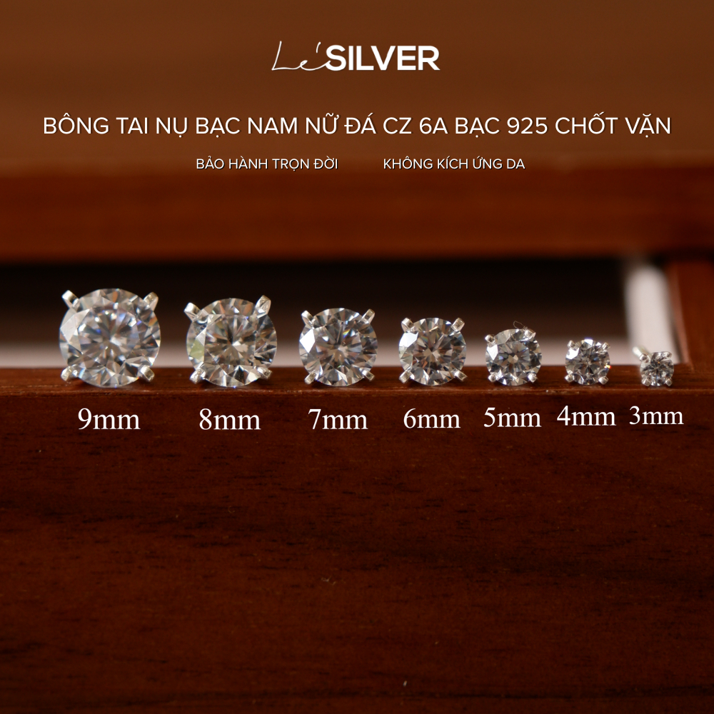 LeSILVER 6A 925 เงินสเตอร์ลิง CZ Stone ต่างหูสําหรับผู้ชายและผู้หญิง - หลายขนาด 3-9 มม., Super Spark
