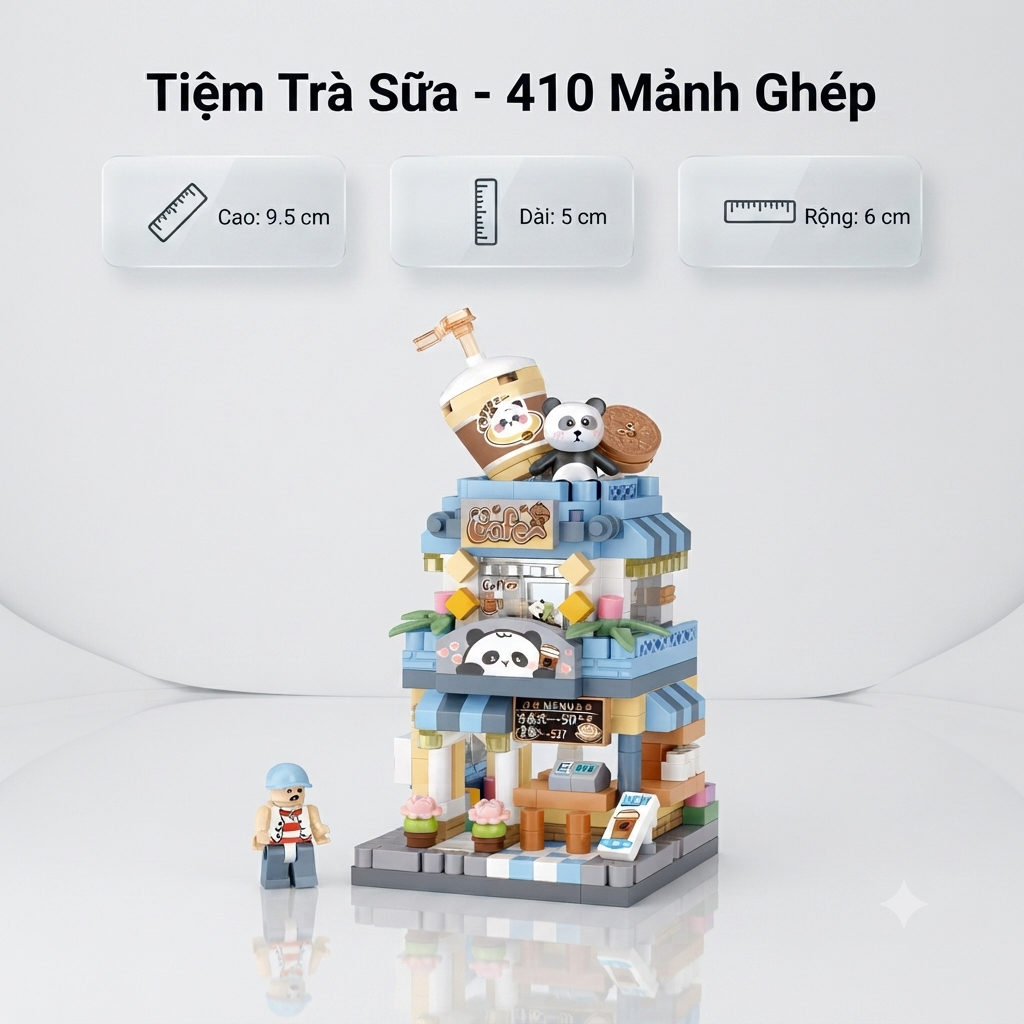Panda Milk Tea Shop Model Assembly Toy 410 ชิ้น Milk Tea Shop โมเดลสถาปัตยกรรม