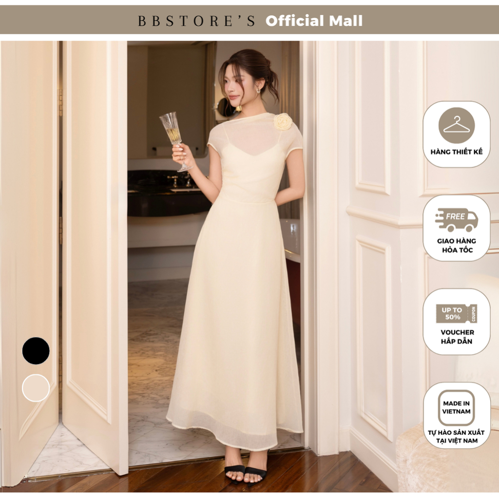 BBSTORES ชุดเดรสปาร์ตี้ผู้หญิงคอเรือผ้าไหมผ้าลินิน Flared A-Line Dress พร้อมแท็ก, การออกแบบระดับไฮเอนด์ที่หรูหรา - D4529T