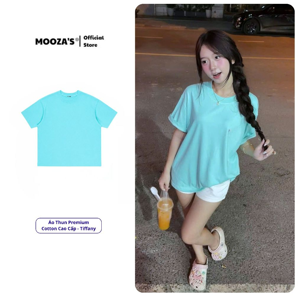 ของแท้แบรนด์ท้องถิ่น Mooza Oversize Unisex เสื้อยืดสีพื้นสําหรับผู้ชายและผู้หญิงผ้าฝ้ายพรีเมี่ยม 100%/ทิฟฟานี่