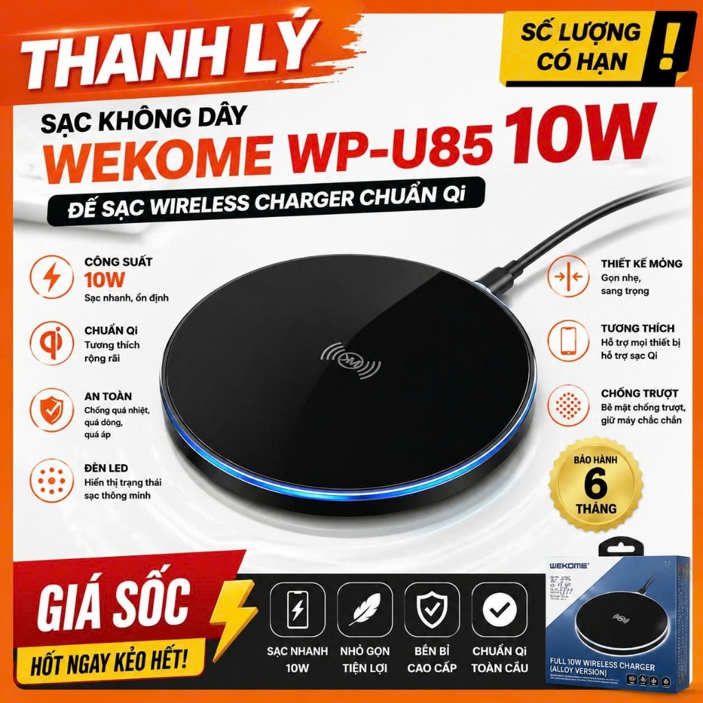 LIQUIDATION WEKOME WP-U85 เครื่องชาร์จไร้สาย 10W – เครื่องชาร์จไร้สาย Qi