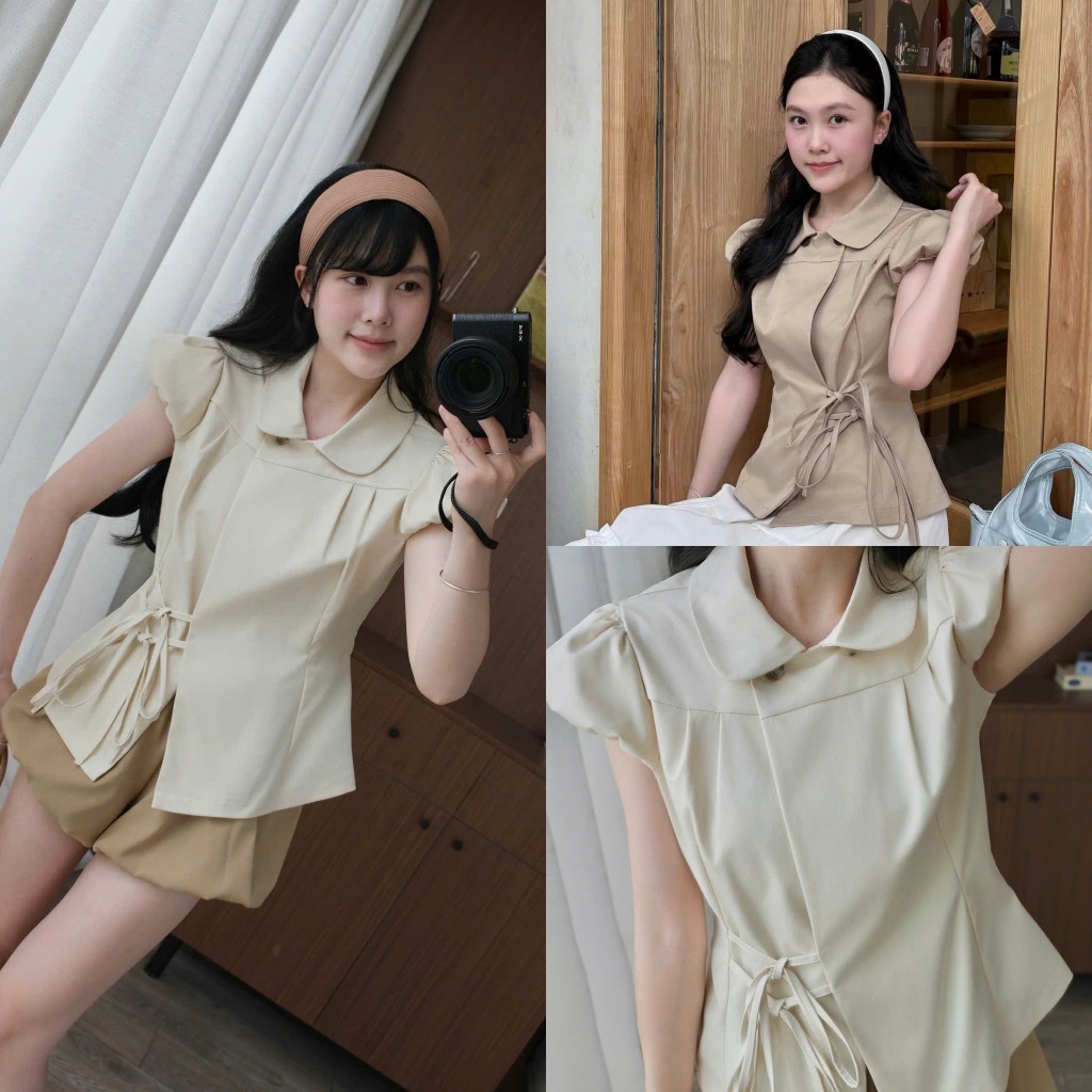 The.sweather TSW เสื้อเชิ้ตสีกากีคอปกบัวผู้หญิงแขนพองและเอวเข็มขัด