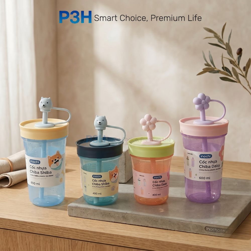 Inochi Chiba Shiba และ Daisy ถ้วยพลาสติกพร้อมฟาง 400ml/600ml - พลาสติก PP ต้านเชื้อแบคทีเรียที่ปลอดภ