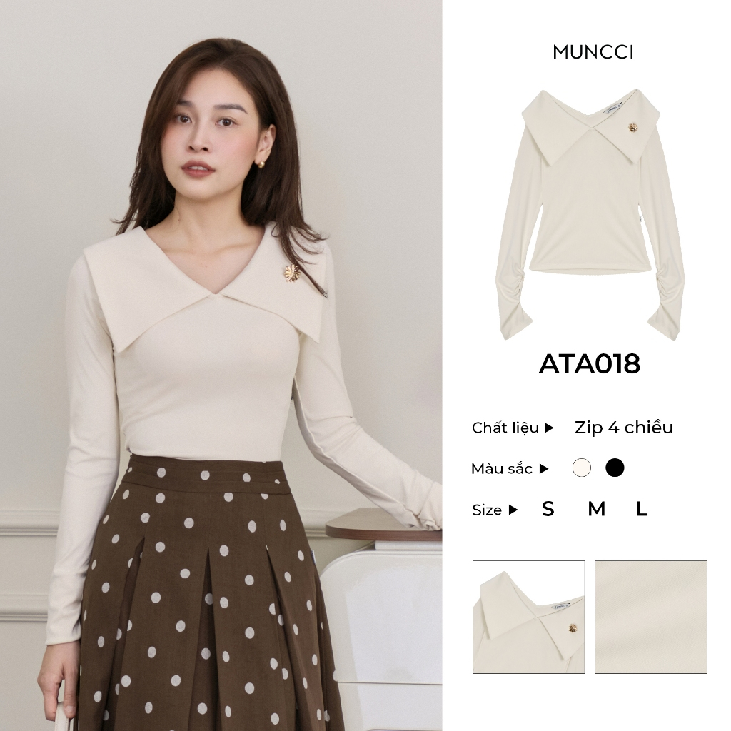 MUNCCI ATA019 เสื้อยืดแขนยาวผู้หญิงคอปกมีสไตล์พร้อมเครื่องราง ซิป 4 ทิศทาง นุ่ม ยืด กระชับสัดส่วน ง่