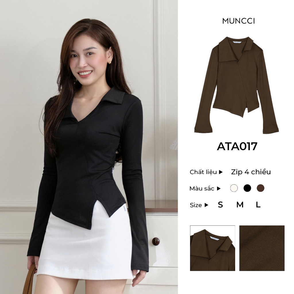 MUNCCI ATA017 เสื้อยืดแขนยาวผู้หญิงคอปกมีสไตล์ ซิป 4 ทิศทาง นุ่ม ยืด กระชับสัดส่วน แฟลตง่าย