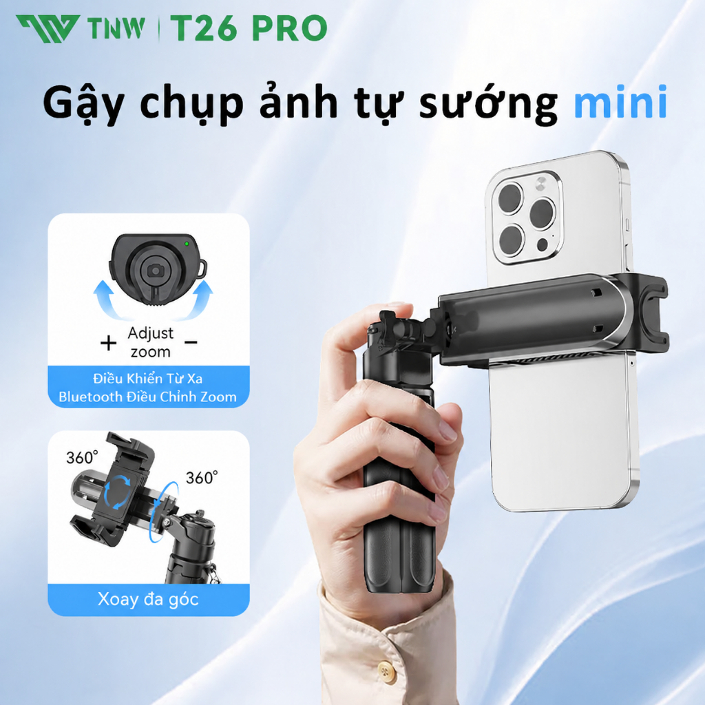 TNW T26 Pro 3-in-1 ไม้เซลฟี่บลูทูธขาตั้งกล้องขนาดเล็กหมุนได้ 360 องศาสําหรับการถ่ายภาพ Vlog
