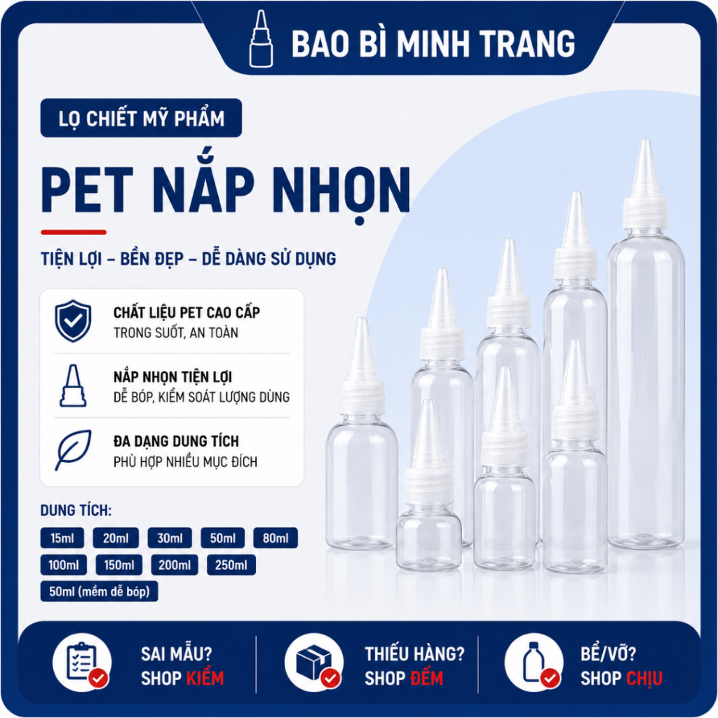 ขวดเครื่องสําอาง PET พร้อมฝาปิดปลายแหลม 15ml–250ml | ขวดพลาสติกใสสําหรับเซรั่มน้ํามันหอมระเหยโทนเนอร
