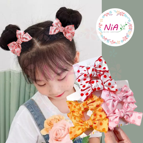 ชุดกิ๊บติดผมโบว์ 2 ชิ้นสําหรับเด็กผู้หญิงลายจุดสีสันสดใสน่ารักและน่ารัก NiA Shop PK344