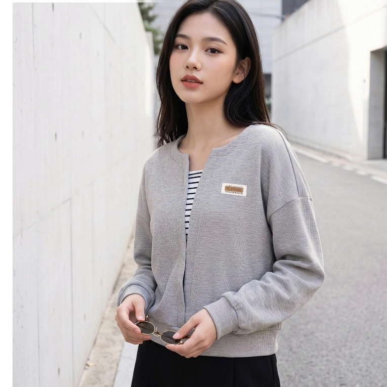Cardina Honeycomb เสื้อยืดแขนยาวคอปกชั้นพร้อมแท็กหน้าอกยืดหยุ่นนุ่ม 6ANF02